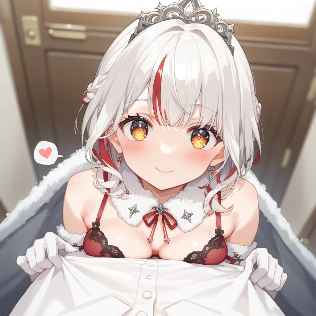 score_9,score_8_up,score_7_up,source_anime,high res image,masterpiece,best quality,cute face,clear skin,shiny hair,ultra detailed eyes,
virtual youtuber, multicolored hair, tiara, red hair, fur trim, streaked hair, elbow gloves, jewelry, white hair, xiaozhi
smile,blush,closed mouth,<lora:POV_Hugging_Breast_Press_PDXL:1>,pov hugging breast press,1girl,spoken heart,hug,incoming hug,from above,indoors,breast press,under covers,red_nightgown,otaku room,<lora:Xuanxiaozhi:0.7>,