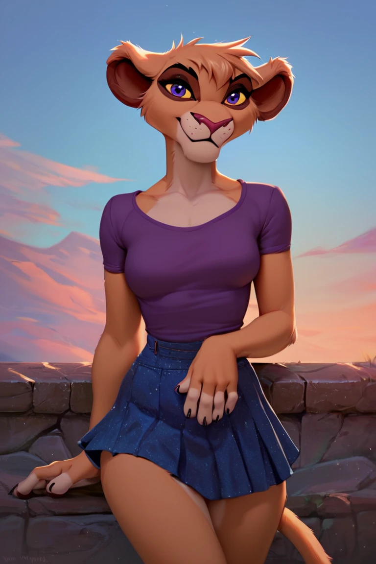 score_9, score_8_up, score_7_up, score_6_up, high quality, best quality, masterpeace, highly detailed, high detail, solo, Furry, anthro, Vitani, lioness, purple eyes, yellow sclera, shirt, mini skirt, looking at viewer, outdoors