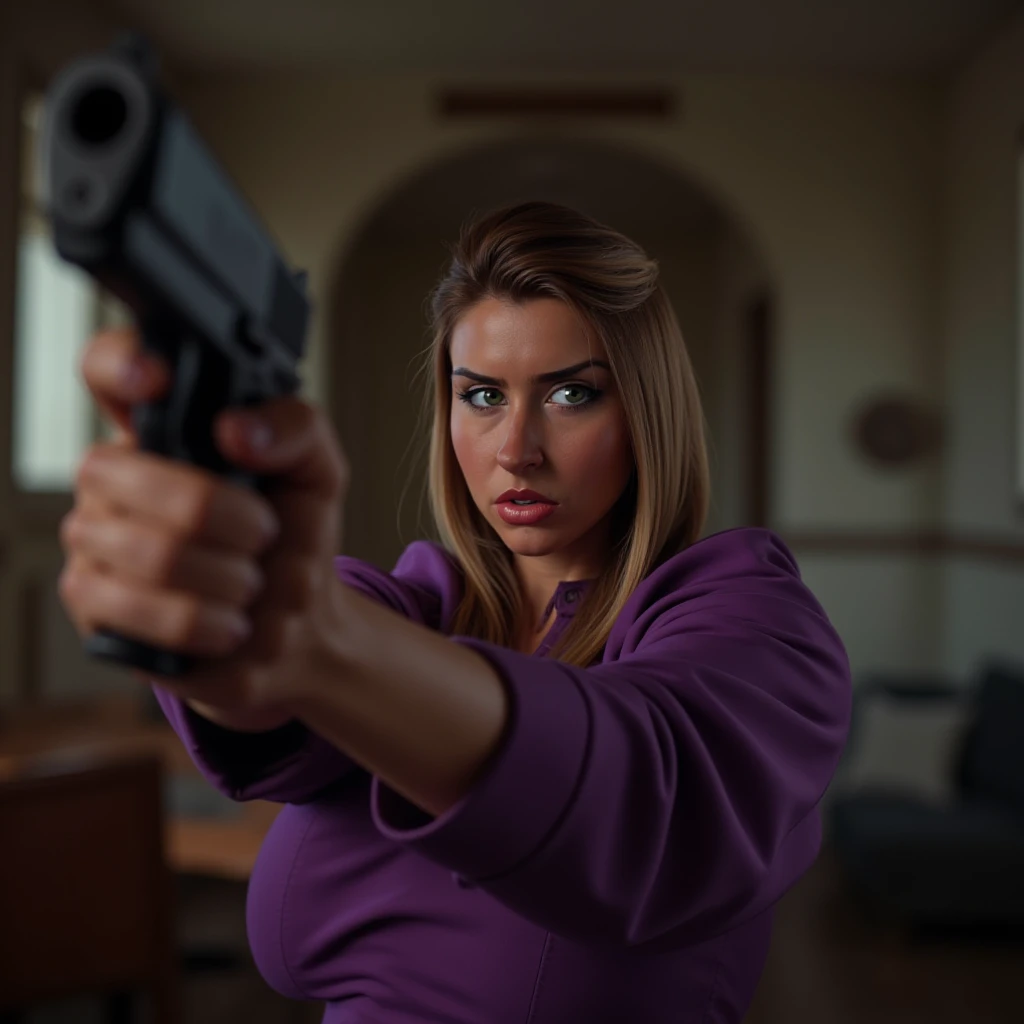 cinematic film still of  <lora:marie_tyf v1:0.7> realism:1, hyperrealism:1,
marie_tyf a angry woman in a purple dress holding a gun up with perfect hand, shallow depth of field, vignette, highly detailed, high budget, bokeh, cinemascope, moody, epic, gorgeous, film grain, grainy