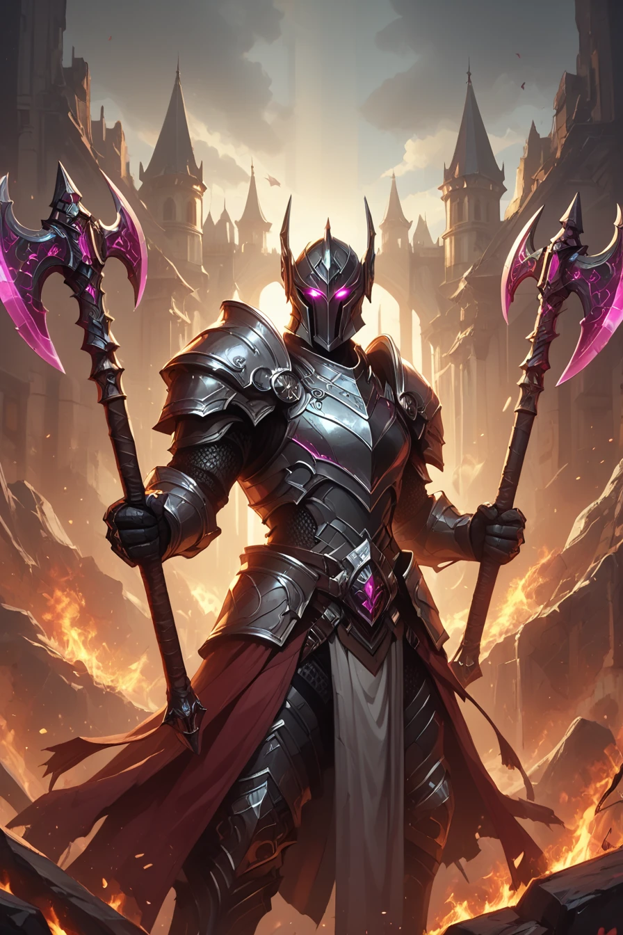 score_9, score_8_up, score_7_up, upscale 2x, (an close up anime illustration of a of a beautiful female knight wielding (two purple Axes:1.25), dual axes, wearing black armor, dark castle in background, reflective light:1.2)