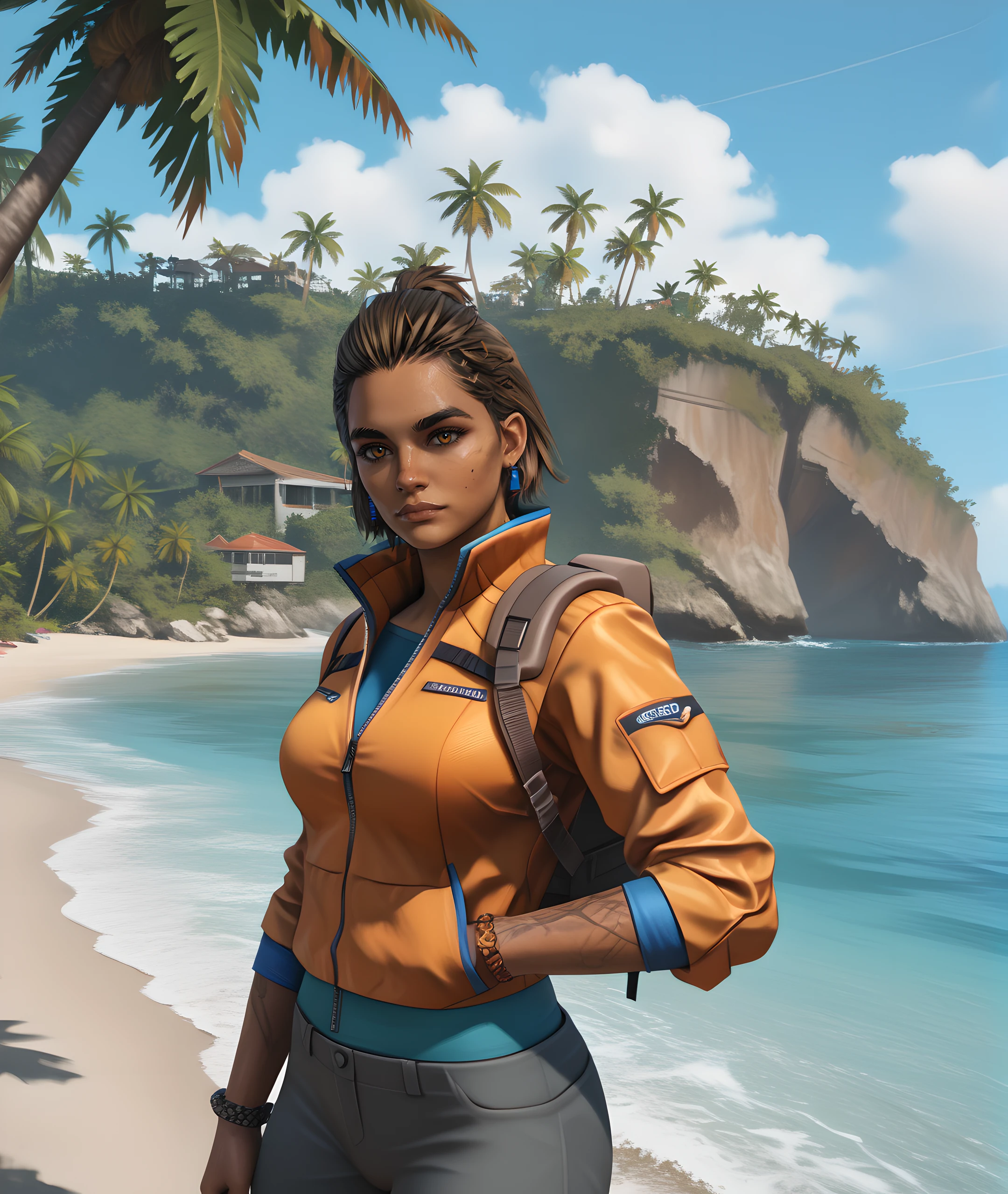 1girl, dani, solo, realistic, dark skin, brown hair, brown eyes, dark-skinned female, short hair, latina, <lora:Dani_Rojas_-_Far_Cry_6:0.9>
BREAK
level_9, level_8_up, level_7_up, source_cartoon, masterpiece 
BREAK
on the beach, sunny day, sea, palm trees, orange jacket,