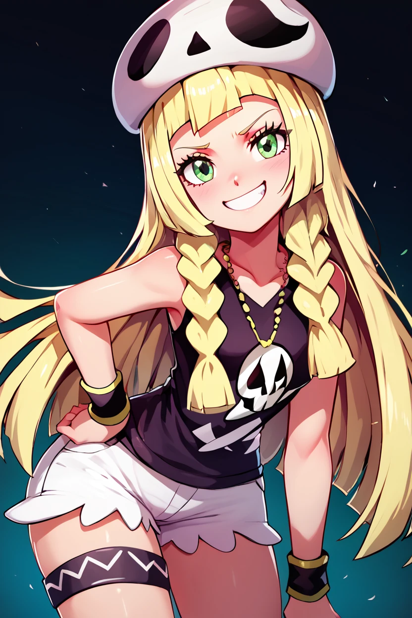 score_9, score_8_up, score_8, medium breasts, (curvy), cute, eyelashes,       BREAK, , zzSkullLillie, long hair, blonde hair, green eyes, smug, smirk, hat, tank top, wristband, sleeveless, white shorts, shirt, jewelry, short shorts, thigh strap, skull necklace,  <lora:Skull_Lillie_PDXL:0.8>,  , BREAK, looking at viewer, ,,, smile, upper body, leaning forward, head tilt, ,,, embedding:zPDXL, Expressiveh, ,,, <lora:theButcherXPDXL:0.8>, <lora:CatalystStylePDXL:0.6>, <lora:SDXLFaeTastic2400:0.5>, <lora:Expressive_H-000001:0.4>,