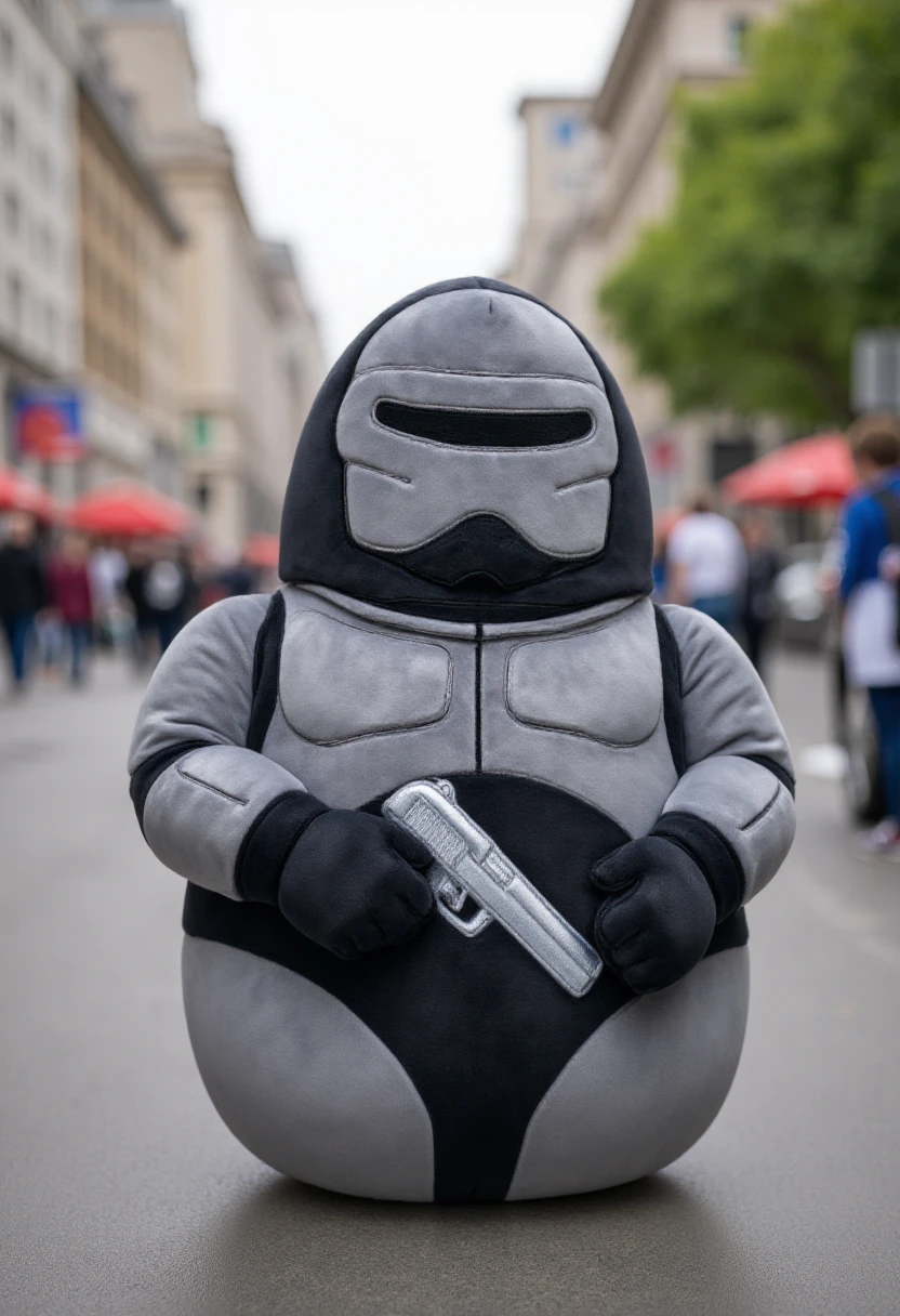 <lora:Squishmallows_FLUX:1.2>
The image is a high-resolution photograph of a plush toy in a city street, specifically a stuffed animal designed to resemble Robocop holding a pistol. The plush toy has a round, plump body covered in a soft, grey, velvety fabric, which gives it a plush and cuddly texture.