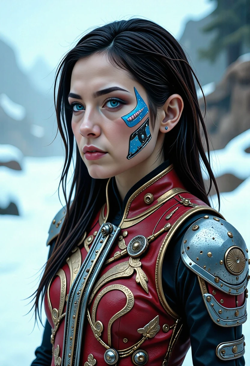 a post-apocalypse portrait of a young beautiful vikingpunk Chinese woman with mechanical_arms and pale skin and long dark hair, blue mystical make up, striking white eyes with, tinted lipgloss. She wears an ornate, traditional garment in red gold and blue with dragon-like designs on the pauldrons. Set against a snowy landscape with dark rocks and trees creating a serene mystical atmosphere. The style focuses on realistic textures, intricate details, and ethereal beauty, evoking a contemplative, mystical mood.  <lora:flux/Magic of Art  2  (FLUX)> Cinematic style, Beauty, Realism, Photorealism, Chiaroscuro, High quality, <lora:flux/Sinfully_Stylish_.02_for_FLUX-000002> <lora:flux/mjv6_lora flux.safetensors_converted>,