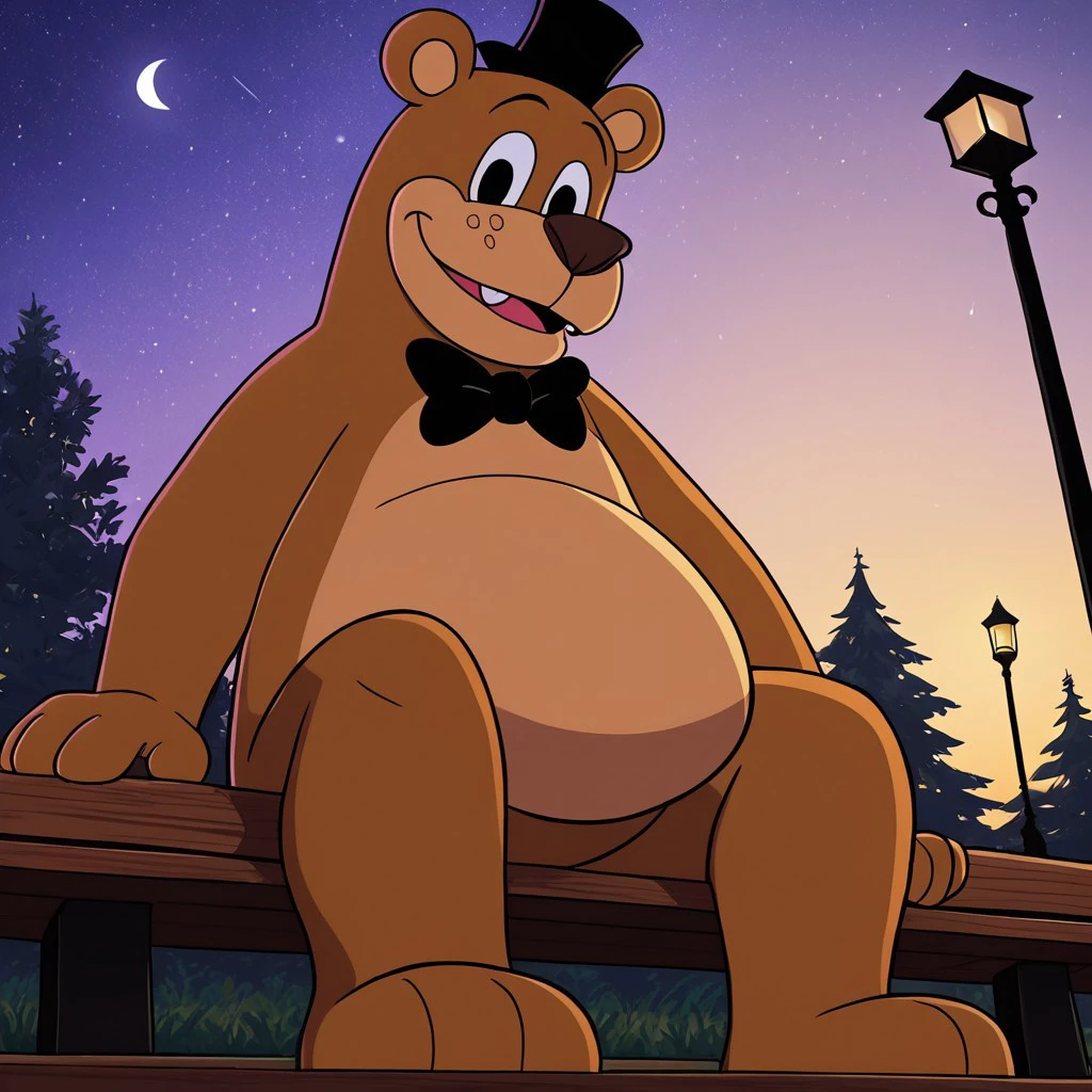 solo, anthropomorphic bear, cartoon style, fat man, big eyes, male, masculine, brown fur, two tone fur, black eyes, black top hat, big nose, two teeth, chubby, large belly, black bow tie, round ears on top of head, brown/tan-colored muzzle, 4 fingers on hands, 3 toes, eyebrows, 4k, perfect ilumination, detail ilumination, masterpiece, best quality, highly detailed, detail background, detail decoration, detailed lighting, dof, looking at viewer, sitting on wooden bench, night, outdoors, looking at viewer, detailed background, view from below, low-angle view, nice angle, dutch angle, sitting on a bench, legs spread, looking down at viewer, male focus