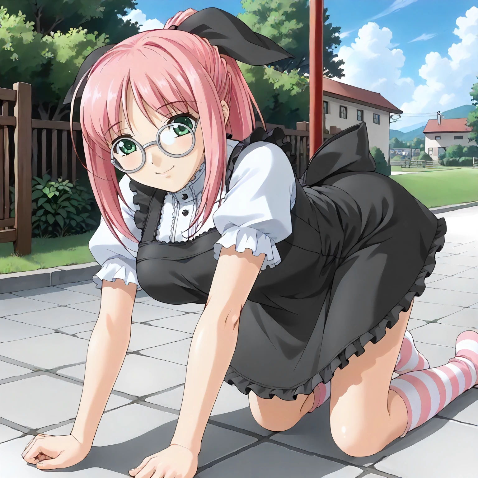 <lora:AtB_LurisHanamaruXLpony001>,
outdoors,
smile,
solo,
LurisHanamaru,1girl,pink hair,ponytail,hairbow,green eyes,eyewear,
apron dress,black apron,short_sleeves,
black skirt,
pink striped socks,
all fours,