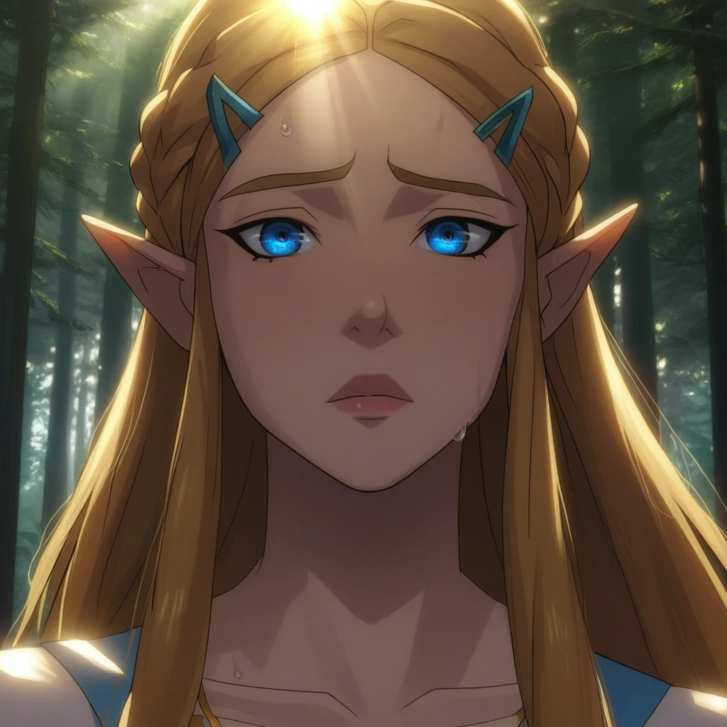 source_anime, source_cartoon, sunlight, sunlight filtering, score_9, score_8_up, score_8, 1girl, Princess Zelda, V0XM4CH1N4STYL3, 1woman, long hair, milf, (detailed face), (detailed skin), detailed eyes, curvy, perky breasts, light_Areolae, uncensored_pussy, shiny skin, sweat, forest