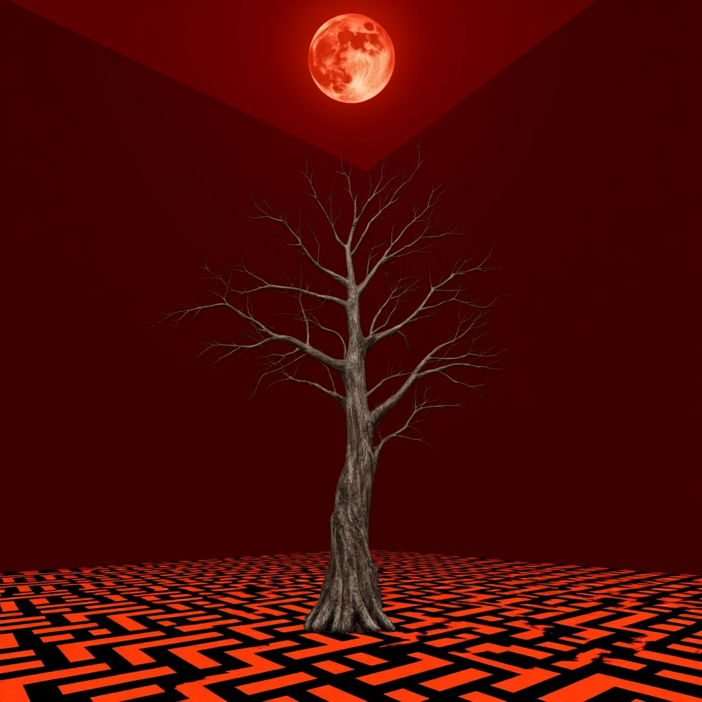 cinematic film still of  <lora:twin peaks style v1:1>
In the 1990's a tree with a creepy veins on it, tree, no humans, moon, scenery, branch, checkered floor, red theme, bare tree, red sky, realistic, sharp, detailed, classic, 1990's suspense style, film light style, photography, artistic, perfection, central nervous system, spinal cord, brain, contrast, cinematic, filmic, high quality photo, David Lynch style, Twin Peaks style, red background, still life, shallow depth of field, vignette, highly detailed, high budget, bokeh, cinemascope, moody, epic, gorgeous, film grain, grainy