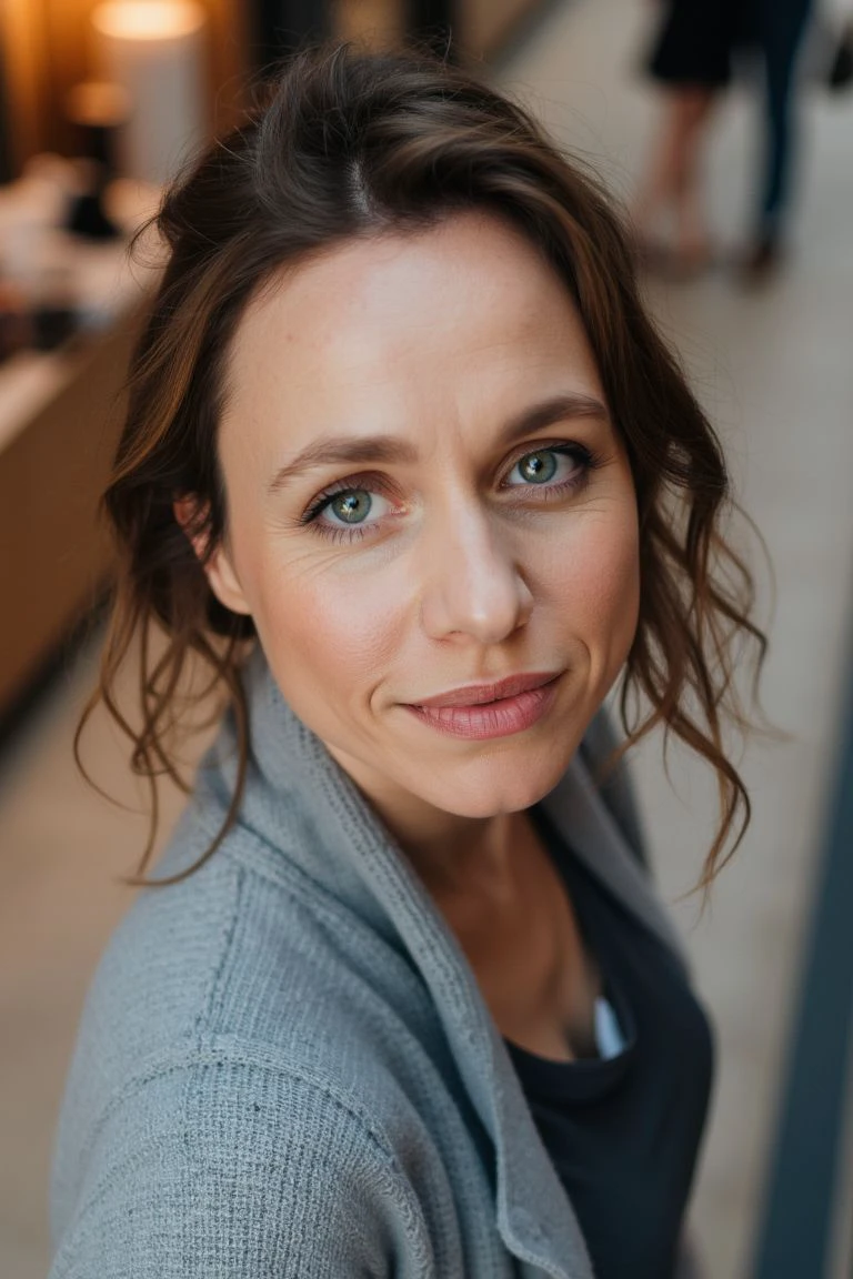 upper body portrait of ndj woman in three quarter view, from above, as seen from above, she is looking at viewer, little smirk, she is wearing a grey cardigan and a shirt underneath. Her hair is a light brown color and messy. She has a subtle, natural makeup look with a focus on her eyes, which are accentuated by a thin line of eyeliner and mascara. background is a shopping mall, people in background
 <lora:NadjaBecker-000017:1>