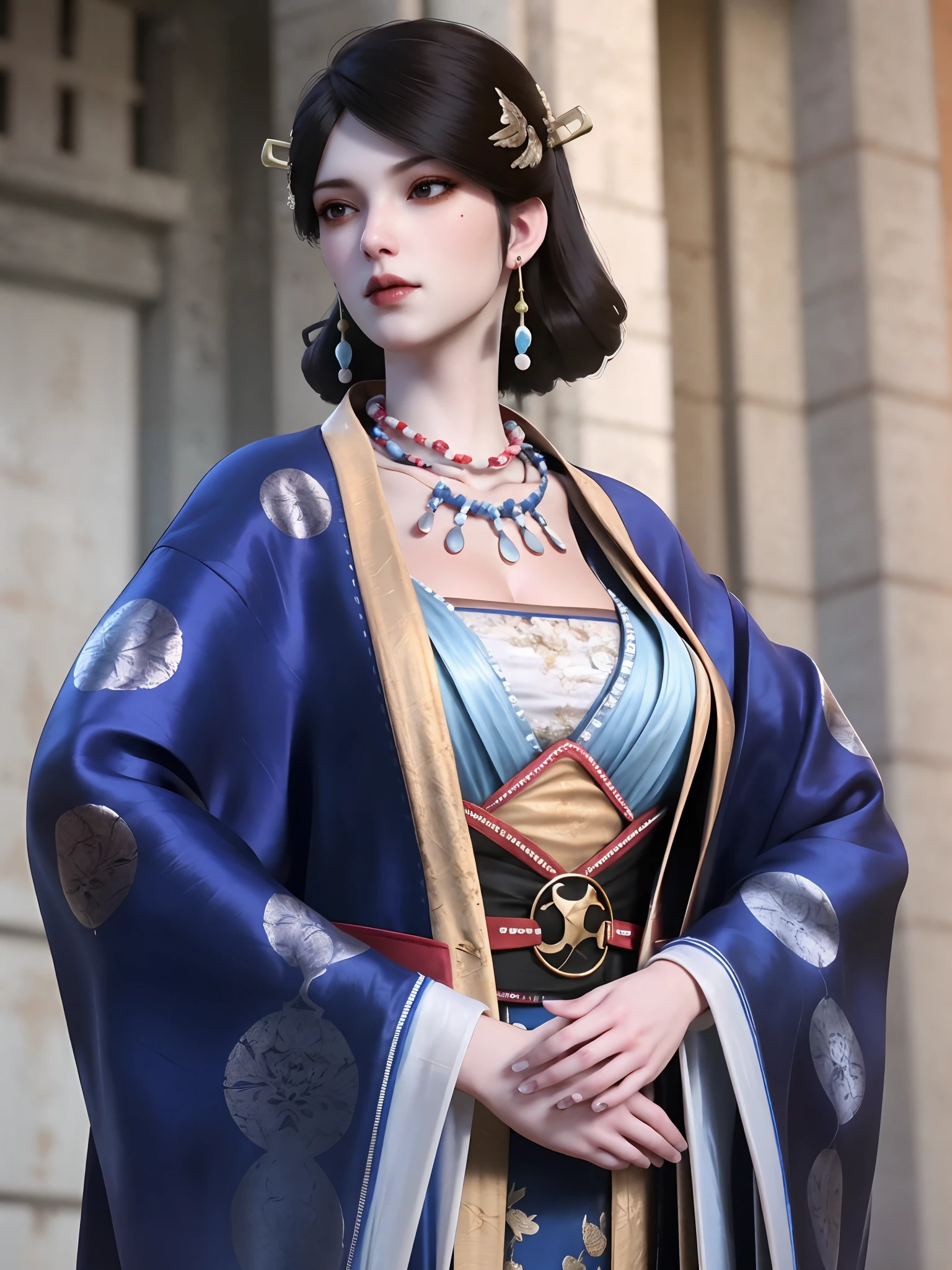 <lora:wenluoyu2:0.9>,best quality,highres,realistic,absurdres,masterpiece,4k,1girl,solo,chinese dark blue robe,wenluoyu,jewelry,earrings,necklace,black hair,(hair pin:1.1),(hair stick:1.2),hair ornament,mole under eye,makeup,bracelet,(wide sleeves:1.1),long sleeves,large breasts,cleavage,bead necklace,white skin,narrow waist,pale skin,shiny clothes,perfect hands,mature female,shiny skin,face light,open robe,
sunlight,