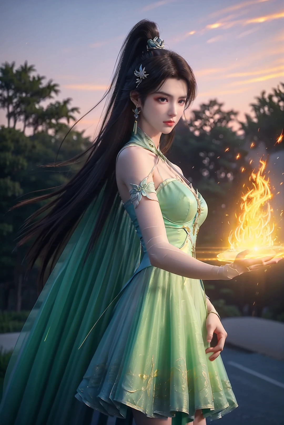 1girl,solo,long hair,ponytail,earrings,jewelry,hair ornament,dress,green dress,outstretched hand,holding,holding fire,magic,((fire)),flame,((glowing:1.5)),outdoors,(sunset),china street,from_side,cowboy shot,blurry,comic,Highly detailed,(ultra-detailed),(best quality,masterpiece:1.5),<lora:xuner:0.65>,