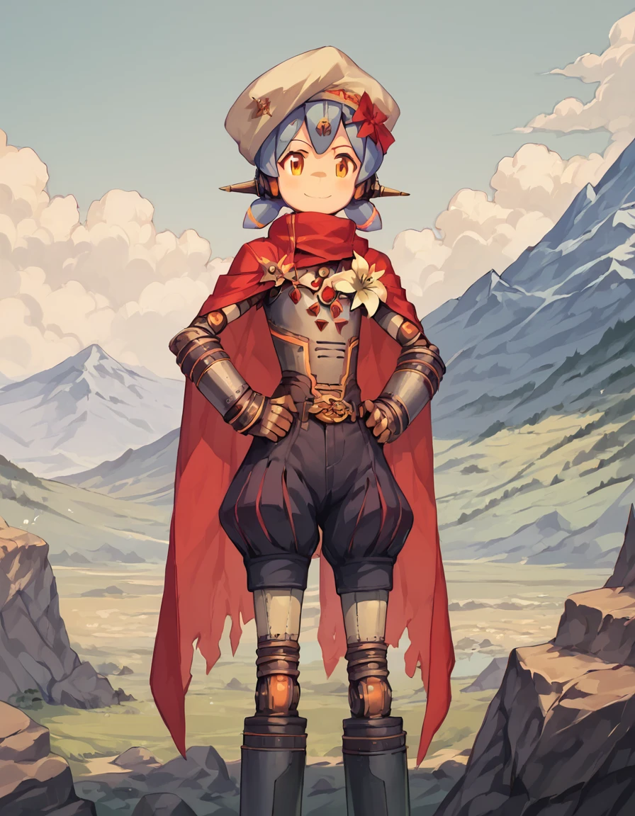 score_9, score_8_up, score_7_up, score_6_up, masterpiece, 
 poppi, 
broad smile, 
cape, scarf, flower ornament, hat, shorts, standing, hands on hips, 
mountain, rocks, 
 <lora:poppi_alpha_xenoblade_2-000010:1>