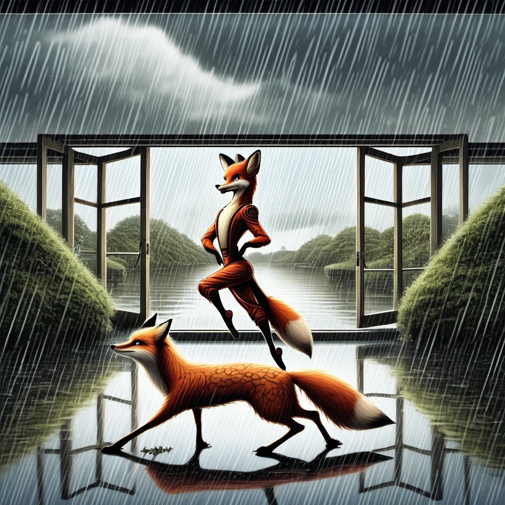 dog, fox furry, ballet, boat, window, cloudy sky, motor vehicle, japan, monster, spacecraft, standing, rain, overgrown, water, deer