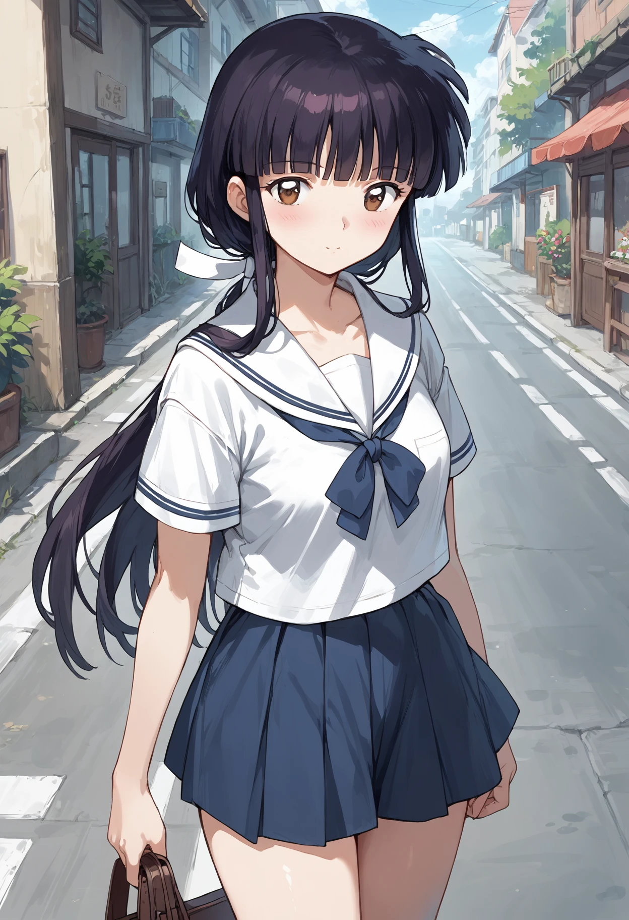 score_9, score_8_up, score_7_up, , source_anime, , 1girl,  , , solo,  kikyoinu,  , black hair,  brown eyes,, hair ribbon, long hair, blunt bangs, sidelocks, low ponytail, <lora:kikyo_inuyasha_pony:0.8>, serafuku,  miniskirt, cowboy shot, thighs,   looking at viewer,  road,  short sleeves,