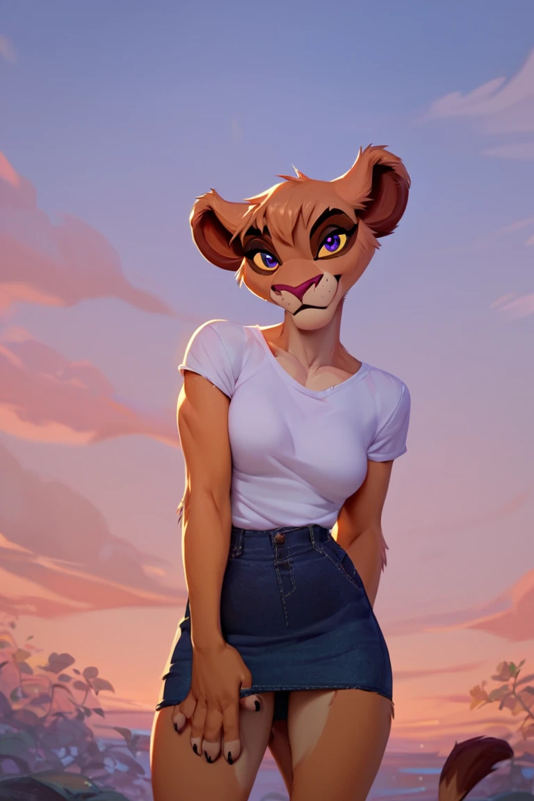 score_9, score_8_up, score_7_up, score_6_up, high quality, best quality, masterpeace, highly detailed, high detail, solo, Furry, anthro, Vitani, lioness, purple eyes, yellow sclera, shirt, mini skirt, looking at viewer, outdoors