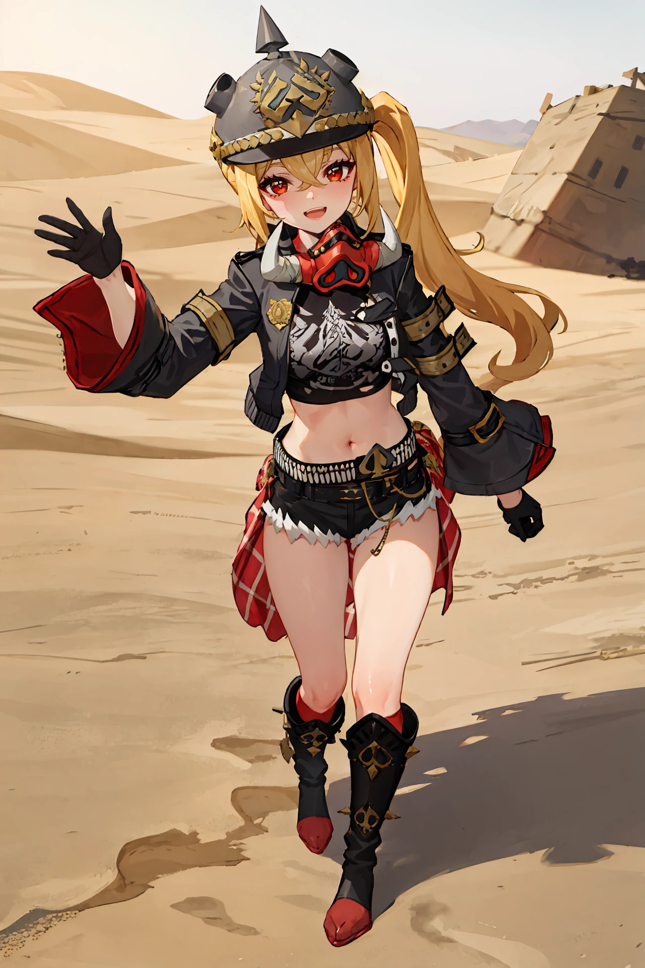 1girl, luciana de montefio, side ponytail, black helmet, cutoffs, half gloves, high belt, cropped jacket, mask around neck, black camisole, sarong, looking at viewer, smiling, open mouth, desert, outdoors, depth of field, standing, full body,  knee boots, red socks