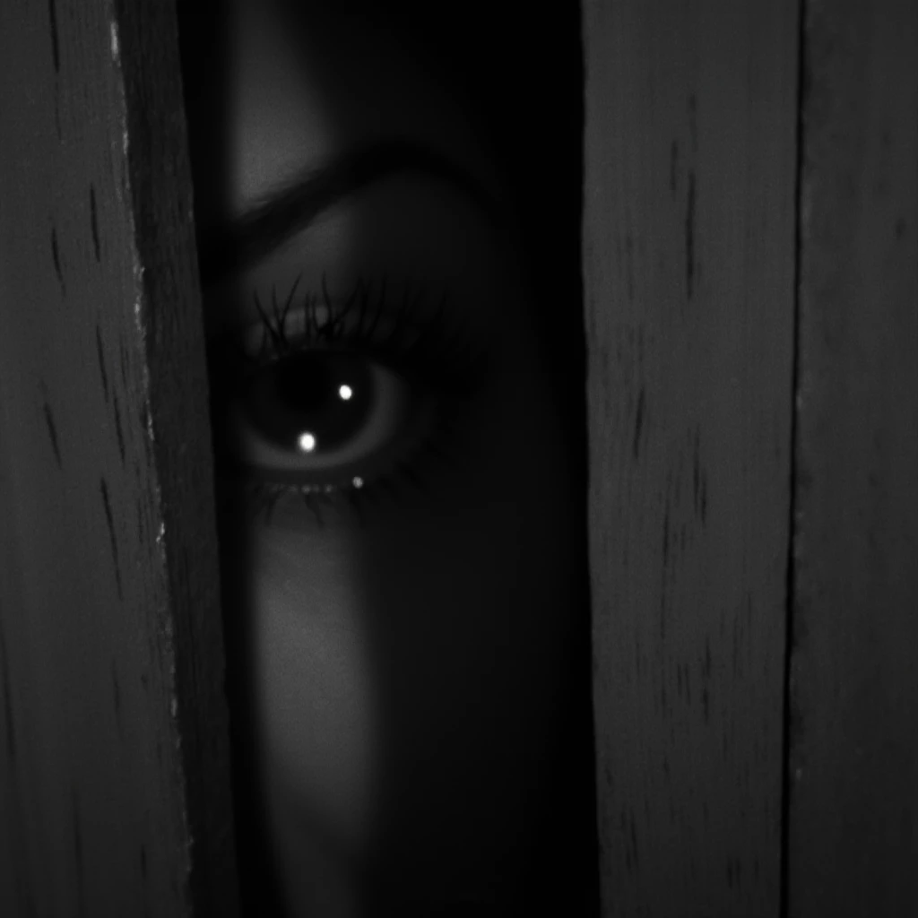 cinematic film still of  <lora:kafkaesque v1:1>
In a surrealistic world a closeup of a woman's eye peers through a wooden door,1girl,solo,looking at viewer,bangs,monochrome,greyscale,eyelashes,border,close-up,eye focus , kafkaesque style, shallow depth of field, vignette, highly detailed, high budget, bokeh, cinemascope, moody, epic, gorgeous, film grain, grainy