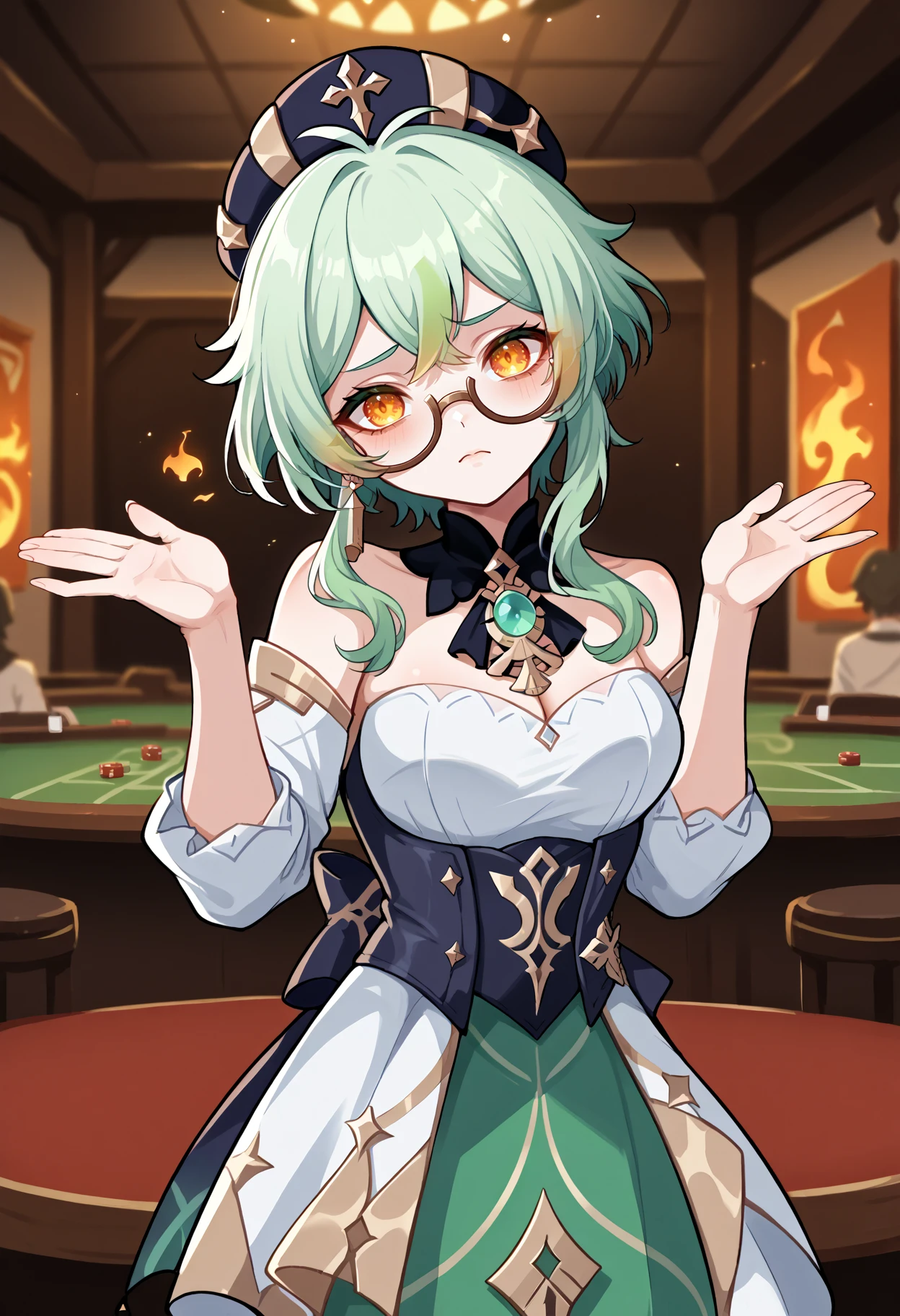 score_9, score_8_up,score_7_up, source_anime, 1girl, solo, shrugging, hands up, w arms, head tilt,
standing, 
driven, intense gaze, focused expression, straight posture, forward motion, fiery eyes,
sucrose_\(genshin_impact\), green hair, glasses,
in a casino, fancy indoors, casino games,
<lora:shrg_pdxl_EliPot:1>