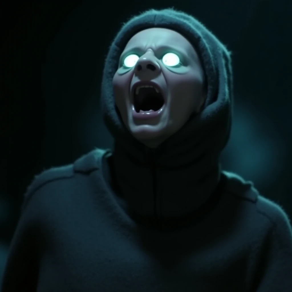 cinematic film still of  <lora:kafkaesque v1:1>
In a surrealistic world a creature with a hood on and glowing eyes,solo,open mouth,no humans,copyright name,glowing,glowing eyes,monster,alien , kafkaesque style, shallow depth of field, vignette, highly detailed, high budget, bokeh, cinemascope, moody, epic, gorgeous, film grain, grainy