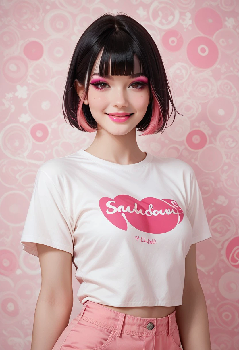 score_9, score_8_up, score_7_up, score_6_up, score_5_up, score_4_up, 1girl,Sarah, SarahRH, short black hair, bob cut, straight hair, blunt bangs, dyed bangs (pink), (pink) streaked hair, dark eyes, cute face, beautiful lips, medium breasts, curvy, large hips, pale skin, mole under her eye, moles on her body, makeup, pink lip gloss, black t-shirt, (pink) print t-shirt, shorts (pink-white) abstract background,  detailed background, cowboy shot, smiling