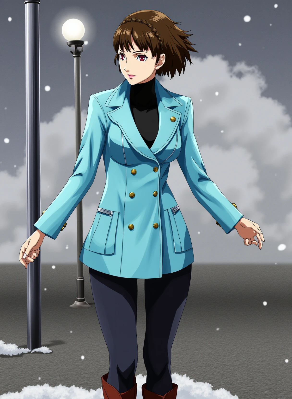 <lora:persona5_niijima_makoto_flux_v2_2-000011:1>
She is wearing a light blue, double-breasted peacoat with gold buttons down the front. The coat has a slightly fitted silhouette and is worn over a black turtleneck sweater, creating a smart and casual combination. The character is wearing black leggings or slim-fit pants that provide a sleek contrast to the coat and emphasize the legs. Brown knee-high boots complete the look, adding a touch of rugged style while complementing the coat's elegant structure. She is standing by a light post on the street, under cloudy sky. It is windy, and a few snowflake can be seen.
Anime style, sharp, high contrast and highly detailed.