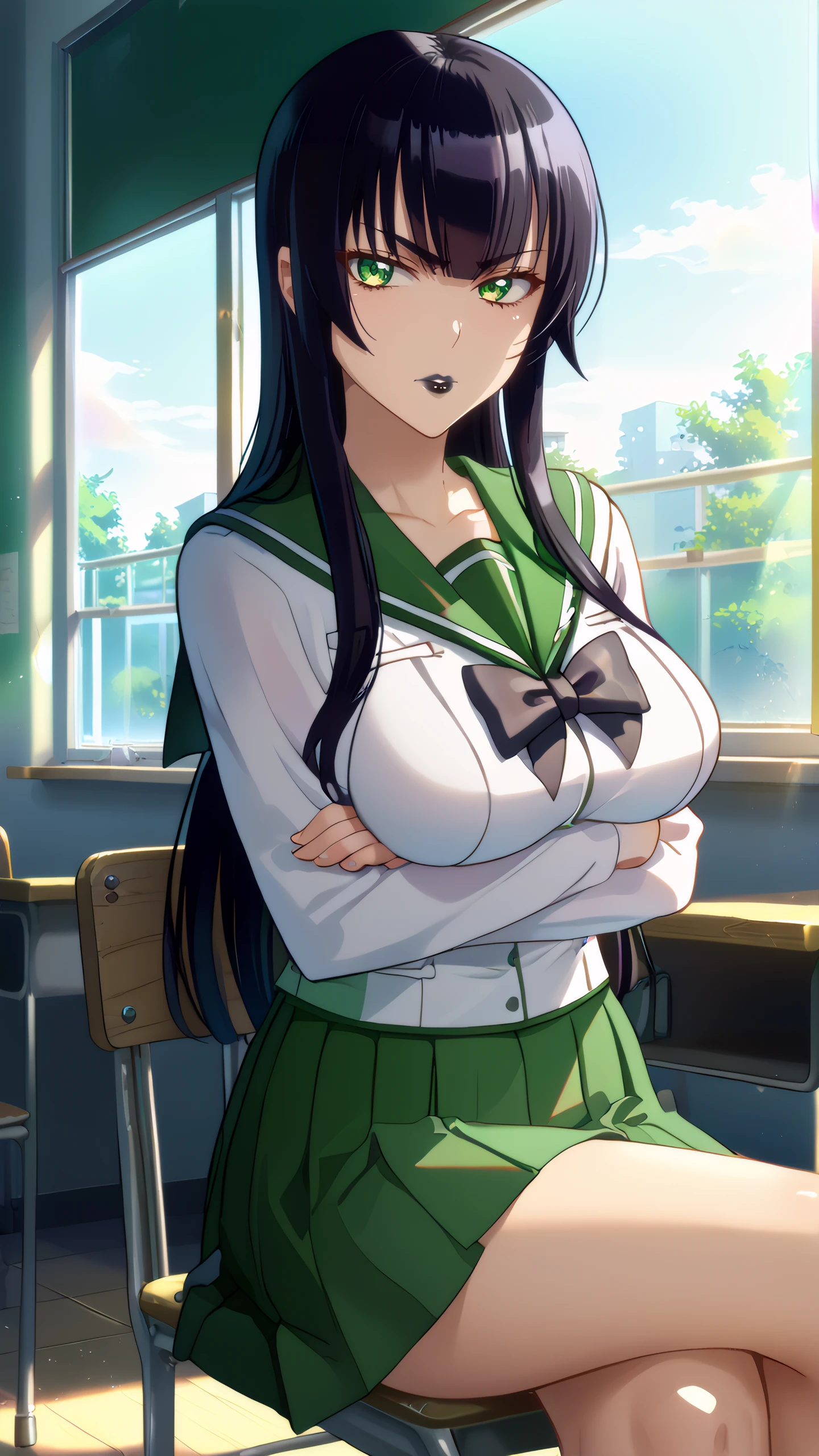 score_9, score_8_up, score_7_up, 1girl, looking at viewer, cowboy shot, mature female, <lora:Hotd_Artstyle_Dwnsty:1> , hotd-artstyle,
black hair, blunt bangs, straight hair, long hair, green eyes, hotd_school_uniform, school uniform, serafuku, green skirt, pleated skirt, black bowtie,
lips, evil smirk, (black lips, make up, lipstick), frown, sitting, on chair, crossed legs, large breasts,
classroom, school, indoors, chair, table, board, desk, window, <lora:HOTD_Uniform_Dwnsty-000008:1>