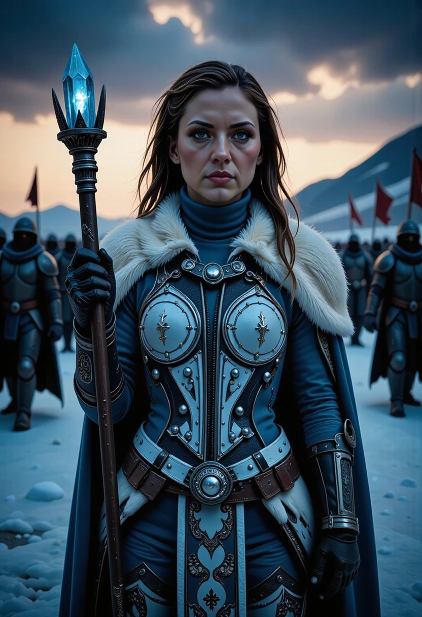 As dawn breaks, a Slavic Woman portraying an Ice Witch from Kislev in Warhammer Fantasy Battles, wearing intricate frost-covered armor with fur-lined accents and an ornate blue and white cloak, holding a crystal staff topped with a glowing crystal, standing confidently in front of a massive Kislevite army. Regel, confident, and determined expression. Cold breath visible in the frigid air. Mostly cool color pallet with a few warmer shades mixed in. Background of snow-covered valley, soldiers in heavy armor, some holding banners that flap in wind, distant mountain embroiled in a storm, atmospheric perspective.  <lora:ral-faize-flux:0.8>, ral-faize, <lora:flux/Magic of Art  2  (FLUX)> Cinematic style, Beauty, Realism, Photorealism, Chiaroscuro, High quality, <lora:flux/Sinfully_Stylish_.02_for_FLUX-000002> <lora:flux/mjv6_lora flux.safetensors_converted>,