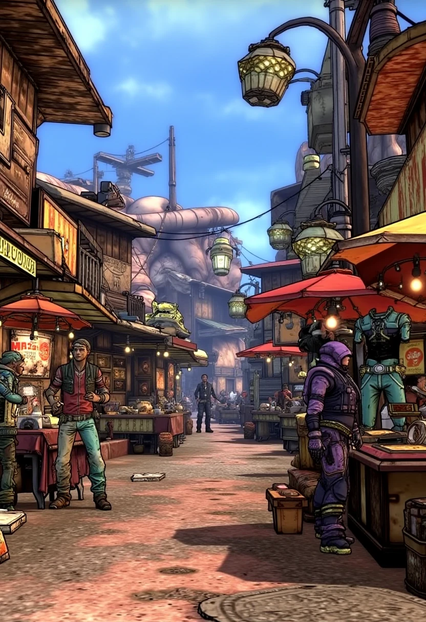 tftbl, tales from the borderlands, a scene from a video game showing a gritty street market on Pandora, filled with scavengers, traders, and strange vendors selling futuristic weapons and tech.
