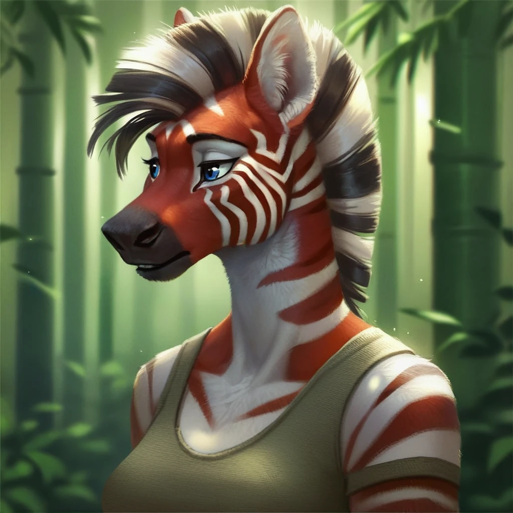 <lora:Fur_and_Light_Style_PonyXL:0.8>, score_9, score_8_up, score_7_up, score_6_up, score_5_up, score_4_up, source_furry, rating_safe, zebra, black hair, blue eyes, red body, clothed, clothing, background, in a bamboo forest, leaning on furniture, female, breasts, rating_safe, detailed fur, detailed background,