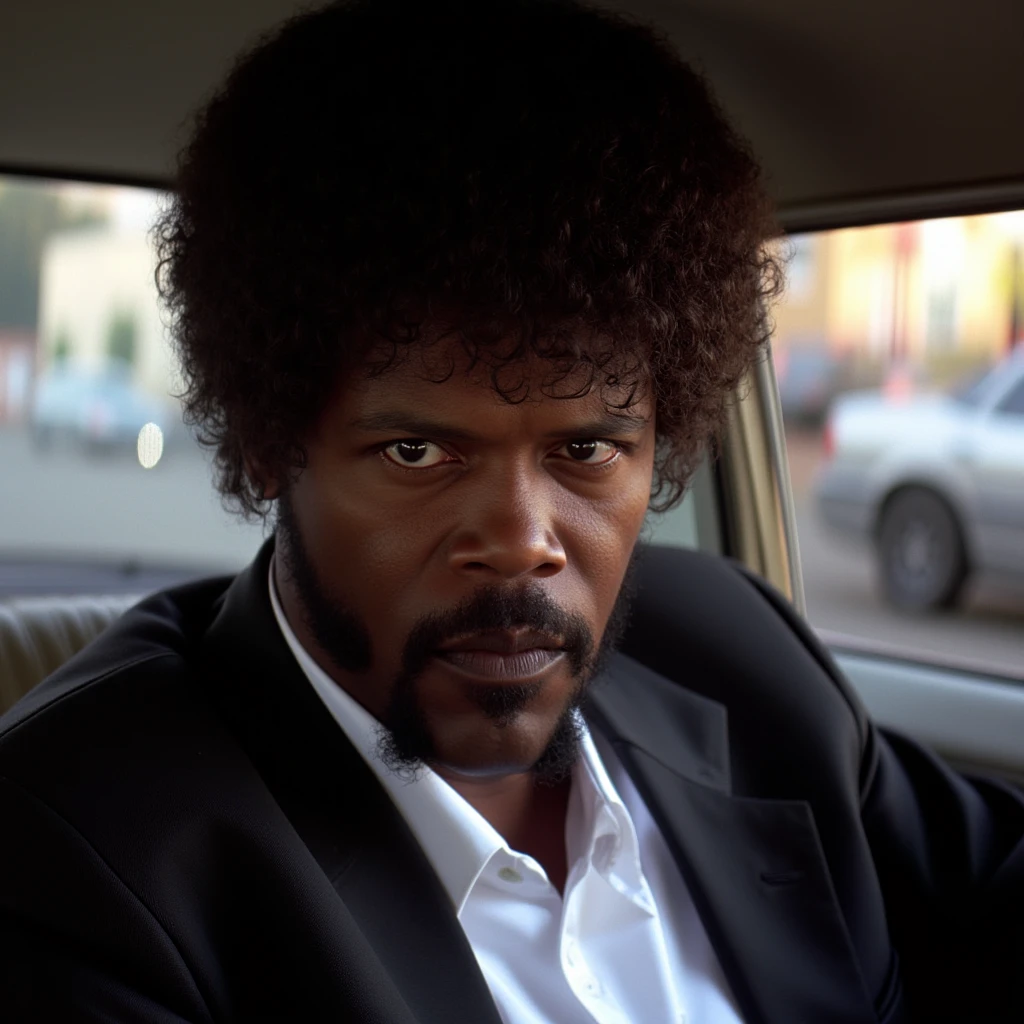 cinematic film still of  <lora:Pulp Fiction Film style v1:1>
samuel l jackson as Jules Winnfield a black man with an afro hair and a beard and a suit sitting in a car,closeup,dreadful look,serious look on face,solo,looking at viewer,short hair,shirt,black hair,1boy,brown eyes,closed mouth,male focus,collared shirt,dark skin,blurry,black jacket,depth of field,blurry background,facial hair,dark-skinned male,portrait,beard,realistic , 1990's, 90's, film, cinematic, crime and violence, classic, graphic violence, Kodak film, motion picture image,Pulp Fiction style, Pulp Fiction Film style, shallow depth of field, vignette, highly detailed, high budget, bokeh, cinemascope, moody, epic, gorgeous, film grain, grainy