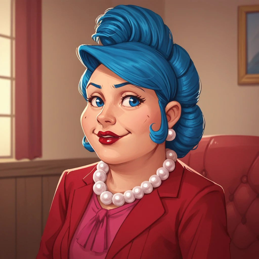 score_9_up, score_8_up, BREAK, BessieBusybody, 1girl, solo, blue hair, blue eyes, lipstick, pearl necklace, red suit, pink shirt, pearl necklace, upper body,  <lora:BessieBusybody_LazyTown_PXL_Leaf1:0.8>, depth of field, indoors,