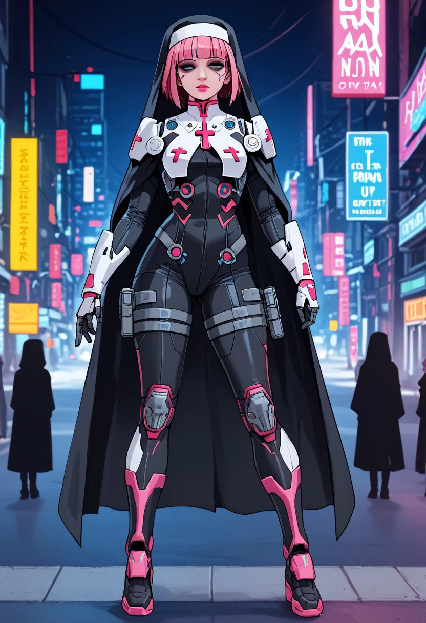 score_9, score_8_up, score_7_up, best quality, reverende moria:1.5, masterpiece, cyberpunk girl, , bakunin, black cape, nun,  short pixie cut, pink hair  bangs, dark eyeshadow, white armour, cross insignia, pink lips, , white power armour, rosary,  black bodysuit, pistol, on a cyberpunk street at night, neon signs, , bokeh, vibrant, surreal colours, High Definition HD, High Detail, Perfect Composition, mythp0rt, full body shot