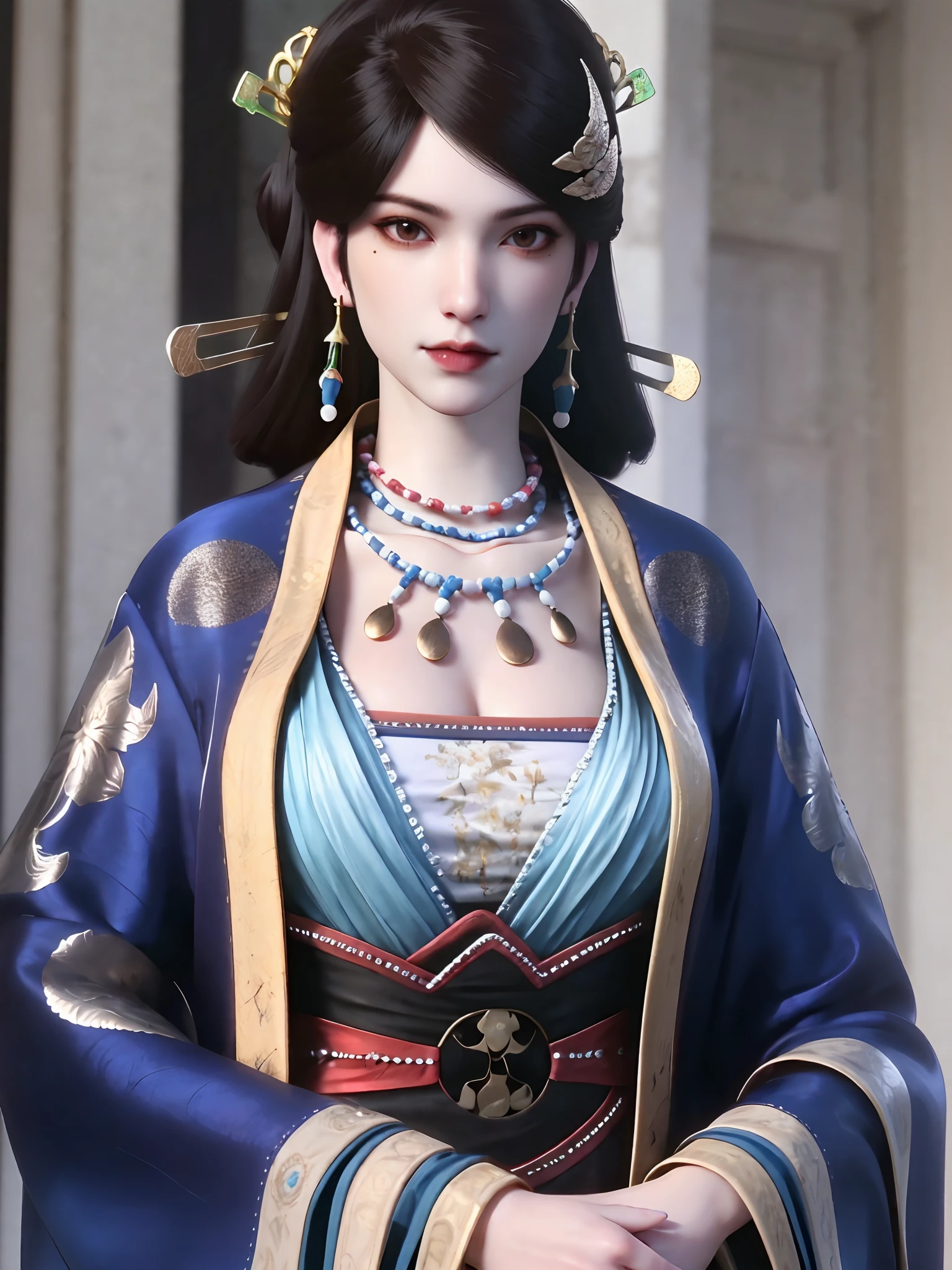 <lora:wenluoyu2>,best quality,highres,realistic,absurdres,masterpiece,4k,1girl,solo,chinese dark blue robe,wenluoyu,jewelry,earrings,necklace,black hair,(hair pin:1.1),(hair stick:1.2),hair ornament,mole under eye,makeup,bracelet,wide sleeves,large breasts,cleavage,bead necklace,narrow waist,(pale skin:1.1),(shiny skin:1.2),shiny clothes,perfect hands,mature female,face light,looking at viewer,
sunlight,upper body,