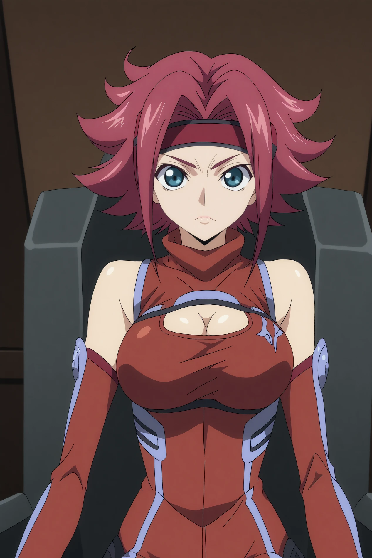  kallen kozuki,1girl,solo,short hair,looking at viewer,closed mouth,sleeveless turtleneck,bare shoulders,large breasts,bodysuit,pilot suit,red bodysuit,cleavage,flipped hair,red headband BREAK indoors,cockpit,mecha  Crossing legs while sitting on the floor with a coquettish look,  <lora:Kallen_Kozuki_-_Code_Geass.safetensors:0.8>