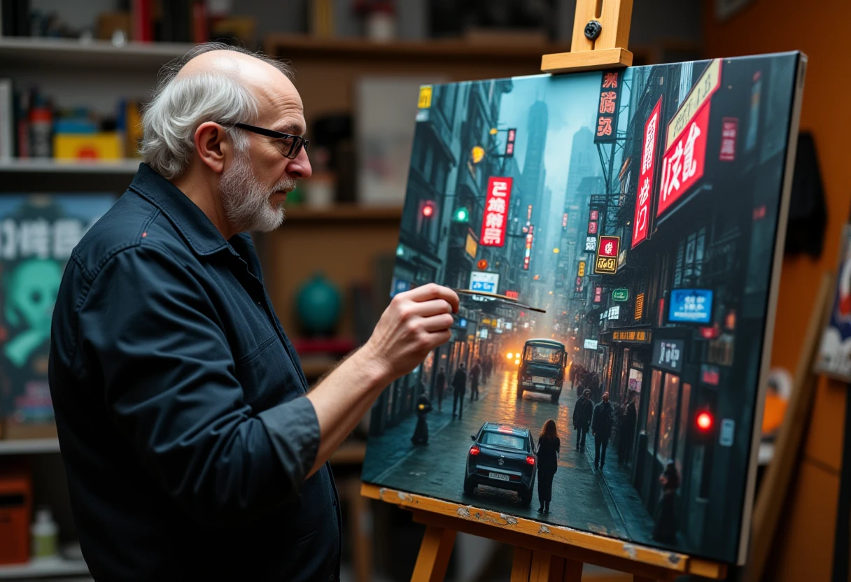 photo, a old man sitting in a art studio is painting a buzzling cyberpunk city