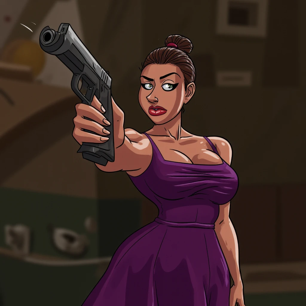 cinematic film still of  <lora:marie_tyf v1:1> realism:1, hyperrealism:1,
marie_tyf a angry woman in a purple dress holding a gun up with perfect hand, shallow depth of field, vignette, highly detailed, high budget, bokeh, cinemascope, moody, epic, gorgeous, film grain, grainy