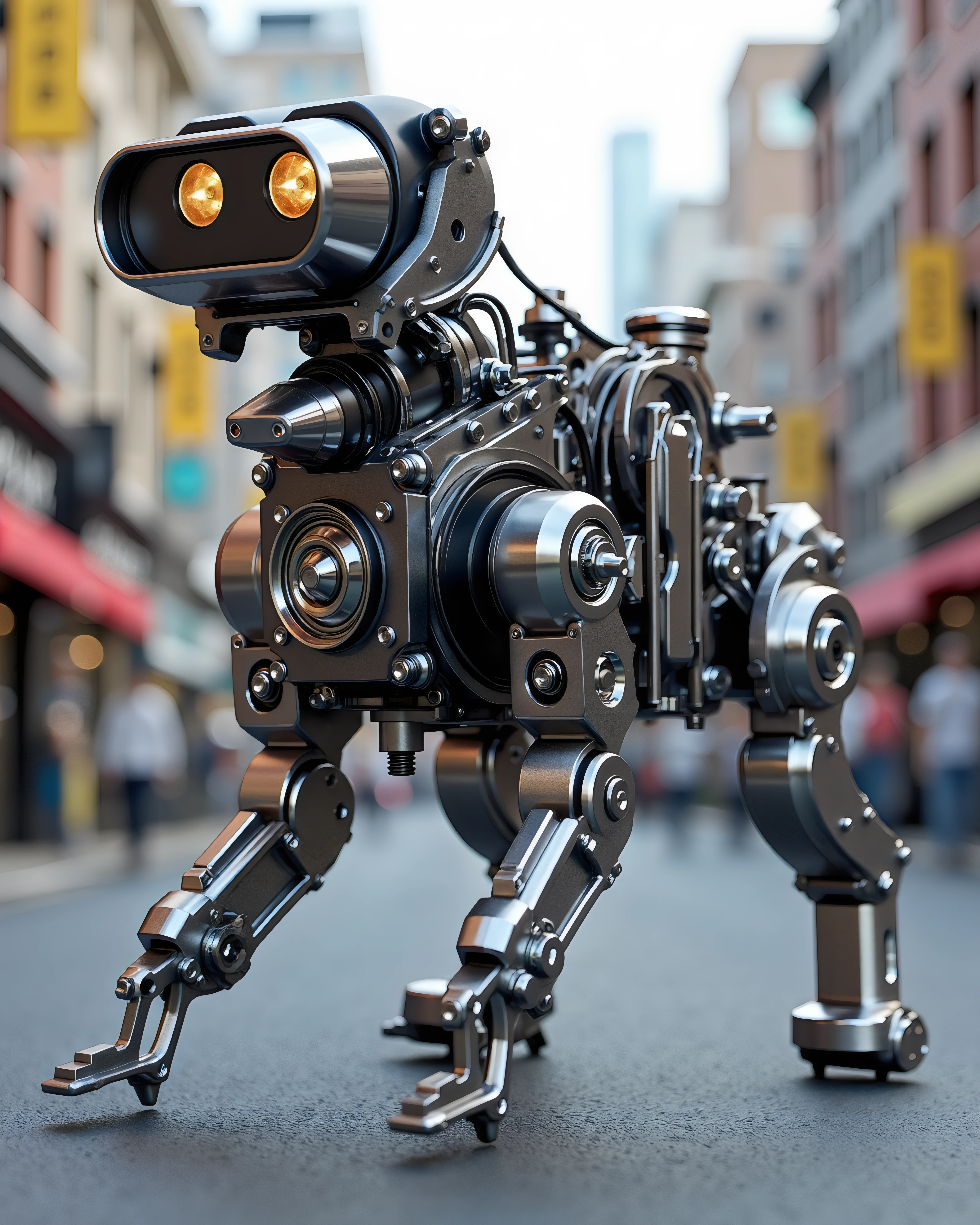 a mechanical car engine robotic dog in a major city, gearbox, vr00m