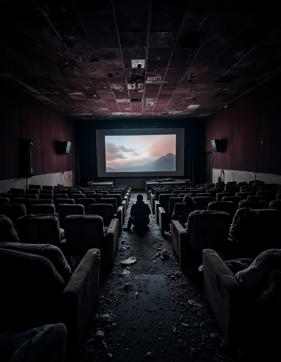 A darkened movie theater with rows of seats, a person sitting alone in the middle, watching the screen flicker in the dark., <lora:urban_decay_v10_rank64_bf16-step02016:1>, urban_decay_rooms