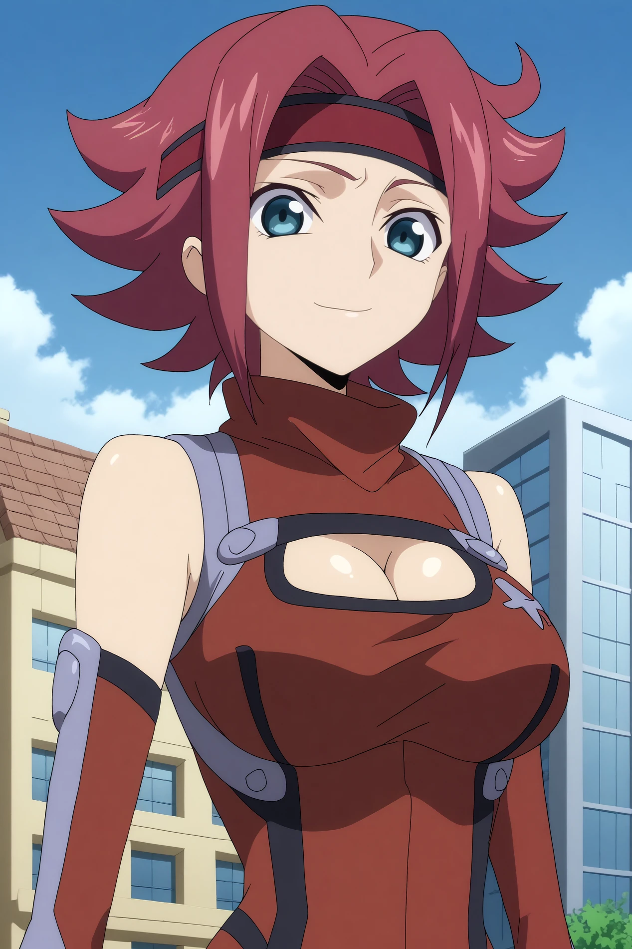 kallen kozuki,1girl,solo,short hair,looking at viewer,closed mouth,sleeveless turtleneck,bare shoulders,large breasts,bodysuit,pilot suit,red bodysuit,cleavage,flipped hair,red headband,upper body,smiling BREAK outdoors,blue sky,city,tokyo_(city),    <lora:Kallen_Kozuki_-_Code_Geass.safetensors:0.8>