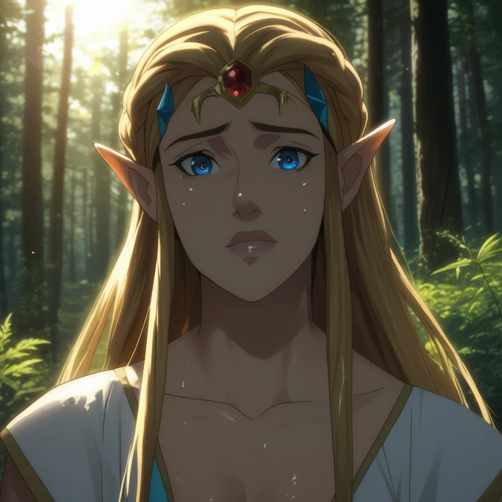 source_anime, source_cartoon, sunlight, sunlight filtering, score_9, score_8_up, score_8, 1girl, Princess Zelda, V0XM4CH1N4STYL3,  1woman, long hair, milf, (detailed face), (detailed skin), detailed eyes, curvy, perky breasts, light_Areolae, uncensored_pussy, shiny skin, sweat, forest