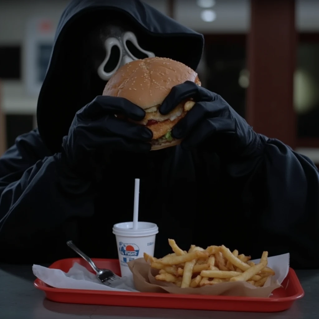 cinematic film still of  <lora:Ghostface v1:1>
Ghostface a person in a ghost mask eating a sandwich,scream horror movie style,solo,gloves,1boy,holding,sitting,male focus,food,black gloves,hood,cup,mask,eating,table,holding food,hood up,tray,drinking straw,disposable cup,burger,black cloak,french fries , realistic, sharp, detailed, classic, 1990's, horror, photography, artistic, perfect knife, crazy, shallow depth of field, vignette, highly detailed, high budget, bokeh, cinemascope, moody, epic, gorgeous, film grain, grainy