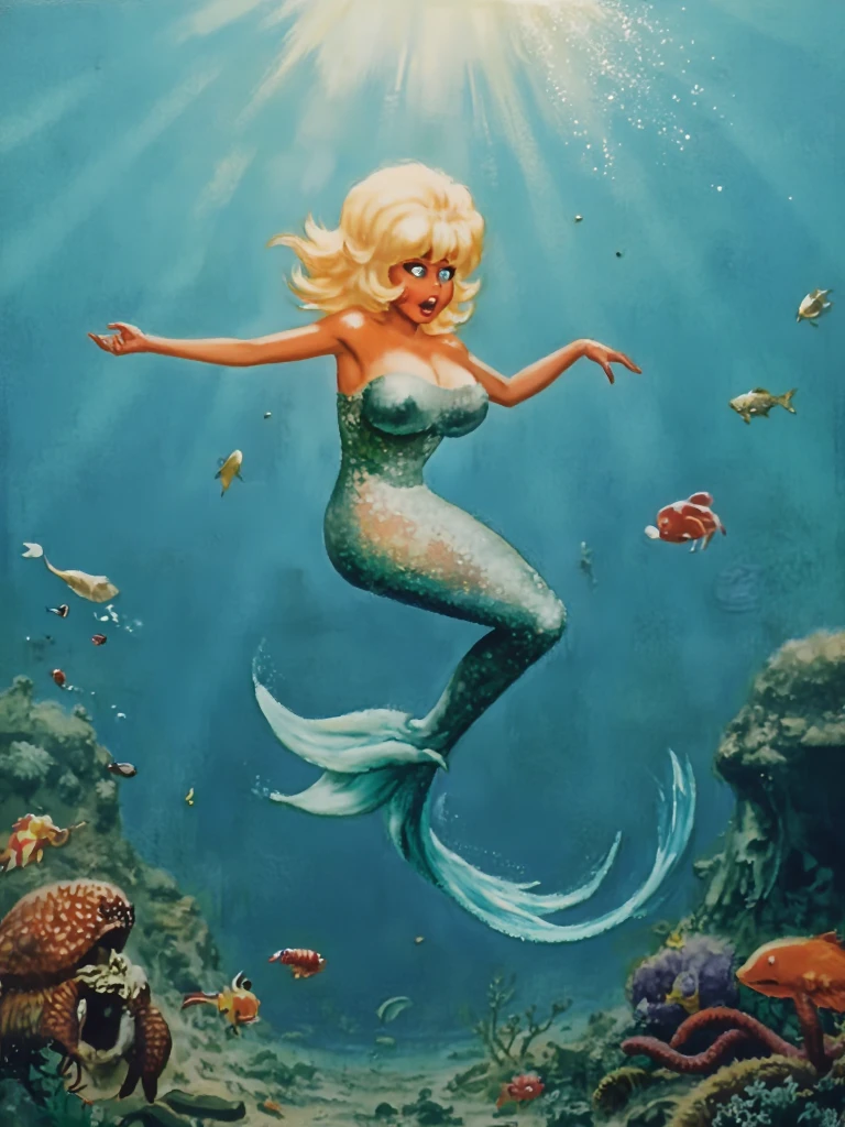 realistic photo of  of Blonde littleAnnieFlux with her perfect slender body is cosplay mermaid, wearing a sequin swimsuit. swimming underwater with many fishes and creatures of the sea. Air bubbles raise above her head. 