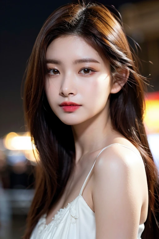 masterpiece, best quality, ultra-detailed, ultra high res, (photorealistic:1.4), raw photo, (realistic:0.2), 8k HDR, realistic lighting, 1girl, solo, (asian:0.2), asymmetrical hair, outdoor, night, (simple background:1.4), bokeh, (detailed lips), (detailed pores), (detailed skin textures), (detailed face:1.2), (upper body:1.2), a woman in a sundress, promotional image, a character portrait,