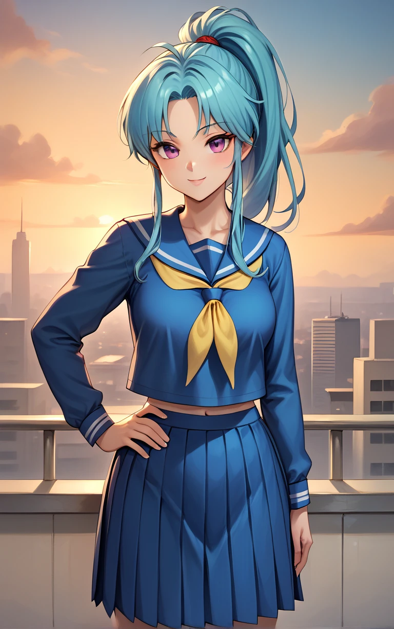 score_9, score_8_up, score_7_up, looking at viewer,  BREAK
SchoolUniform_Botan_ownwaifu, 
1girl, aqua hair, blue hair, high ponytail, pink eyes, spiked hair, long hair, sidelocks, bangs, parted bangs, medium breasts, 
school uniform, blue shirt,  pleated skirt, blue skirt, serafuku, yellow neckerchief, blue sailor collar, long skirt, 
(contrapposto, hand on hip), sunset, sidelighting, cityscape, outdoors, <lora:PONYXL_YuYuHakusho_Botan_ownwaifu:1> , depth of field, solo,