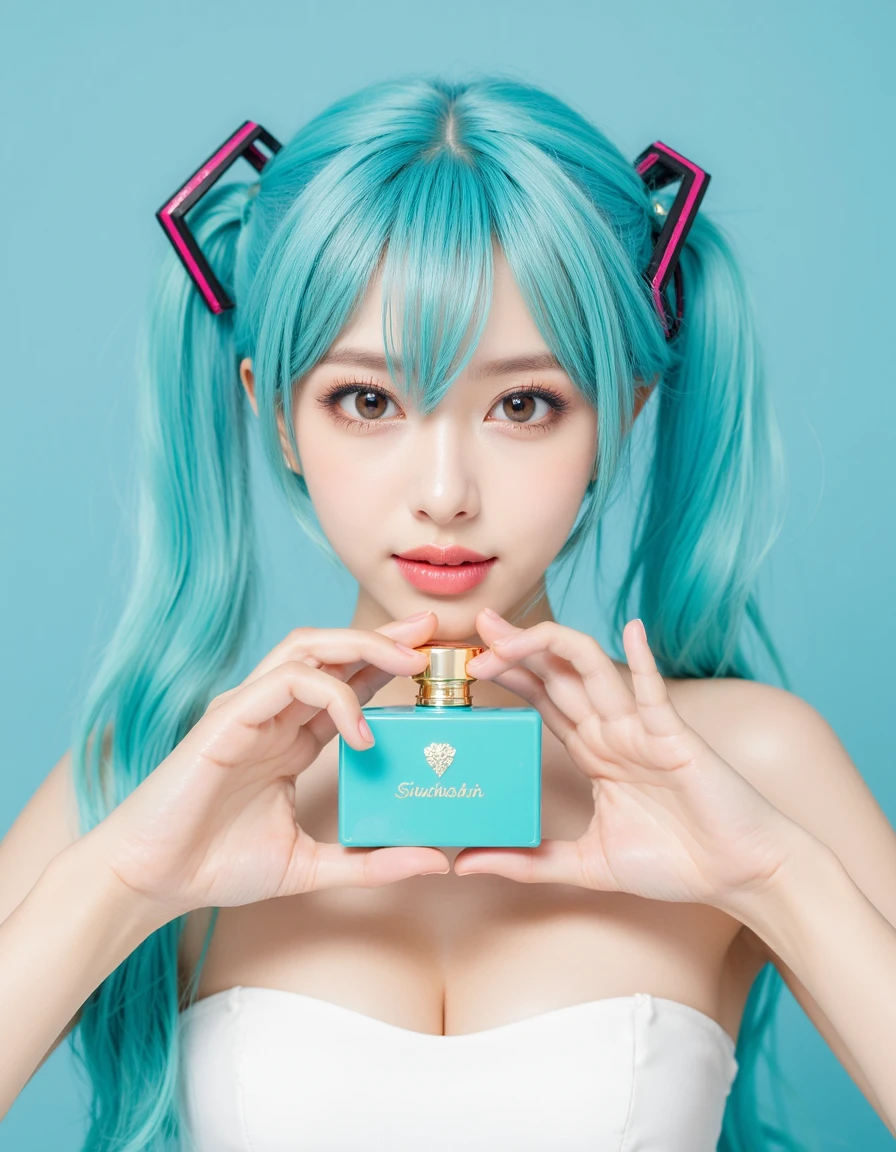 SuchSkin, deblur, 32K portrait of Hatsune Miku, photo studio, cosmetic portrait shooting. holding luxury teal perfume bottle labeled "SuchSkin" near her face.