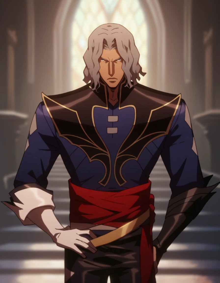 score_9, score_8_up, score_7_up, score_6_up, score_5_up, source_anime, 1boy, solo, grey hair, wavy hair, blue eyes, facial hair, collar, white glove, black armguard, belt, hands on own hips, serious, in castle, male focus, looking at viewer, upper body,  <lora:Hector_Castlevania:0.9> hec70rs2,