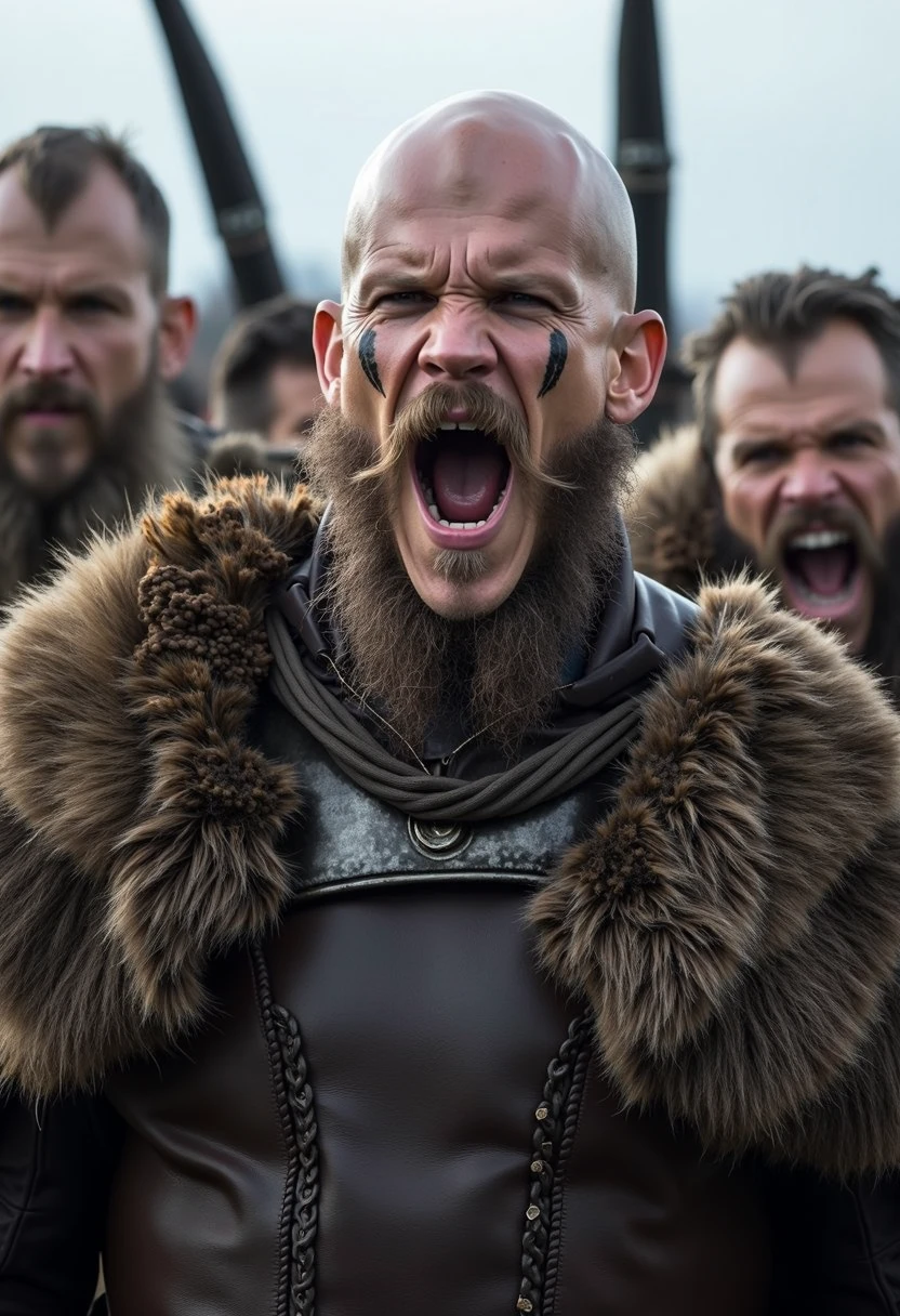 floki the Viking in war gear with other Vikings with Nordic markings on his face screaming like a madman