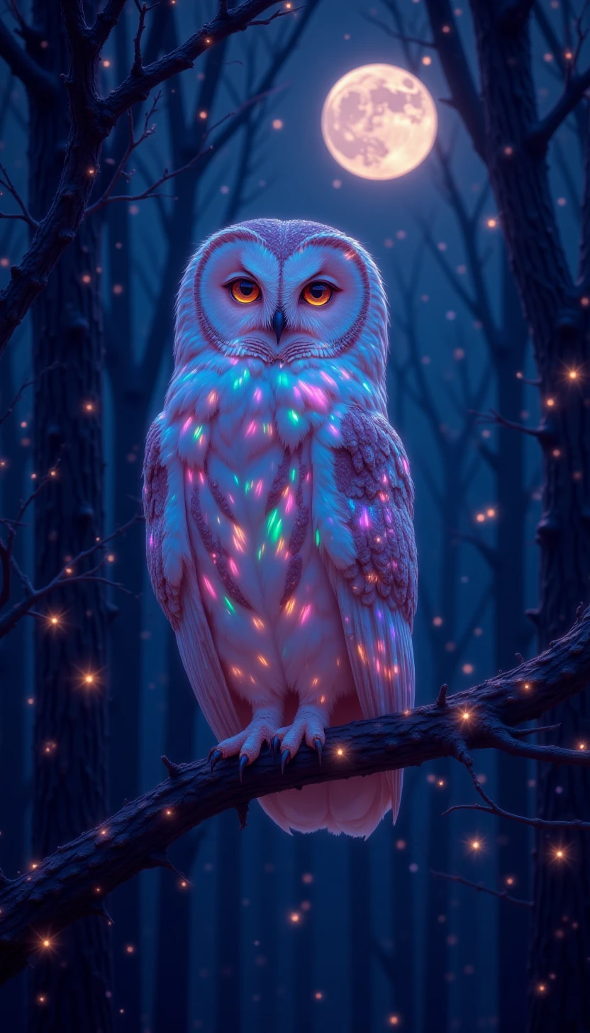 pinkiridescent, An owl perched on a branch in a dark forest, its feathers reflecting a subtle iridescent glow as moonlight filters through the trees, casting mysterious yet vibrant shadows