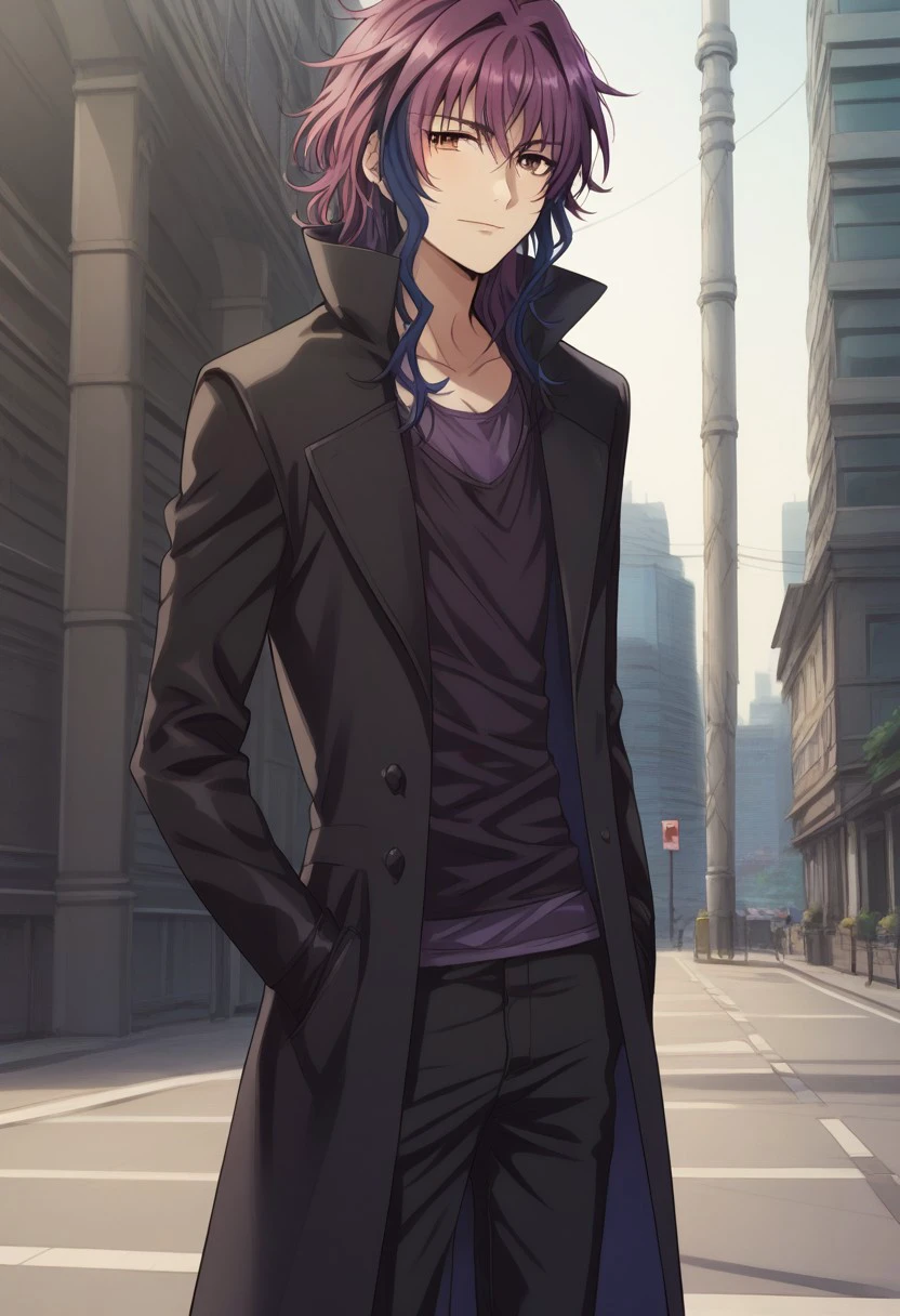 score_9, score_8_up, score_7_up, source_anime, highly detailed, 
yukari, 1boy, male focus, solo, multicolored hair, purple hair, blue hair, long hair, brown eyes, shirt, black shirt, purple shirt, long sleeves, pants, black pants, coat, black coat, gloves, black gloves,
outdoor,