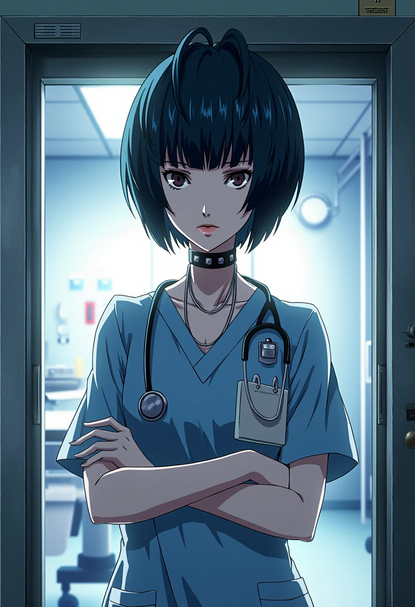 A detailed solo portrait of  takemi_tae. She wears a choker.
Anime style, sharp, high contrast and highly detailed., 
<lora:Takemi Tae v2_epoch_15:1>, 
A beautiful female doctor takemi_tae. She is standing in front of a hospital operating room entrance. She wears a surgical scrub, with arms folding in front of her chest. She is looking at the camera with a professional yet slightly haughty look. In the background, inside the operating room, there is a large shadowless light on the ceiling, and operating table and other medical equipment.